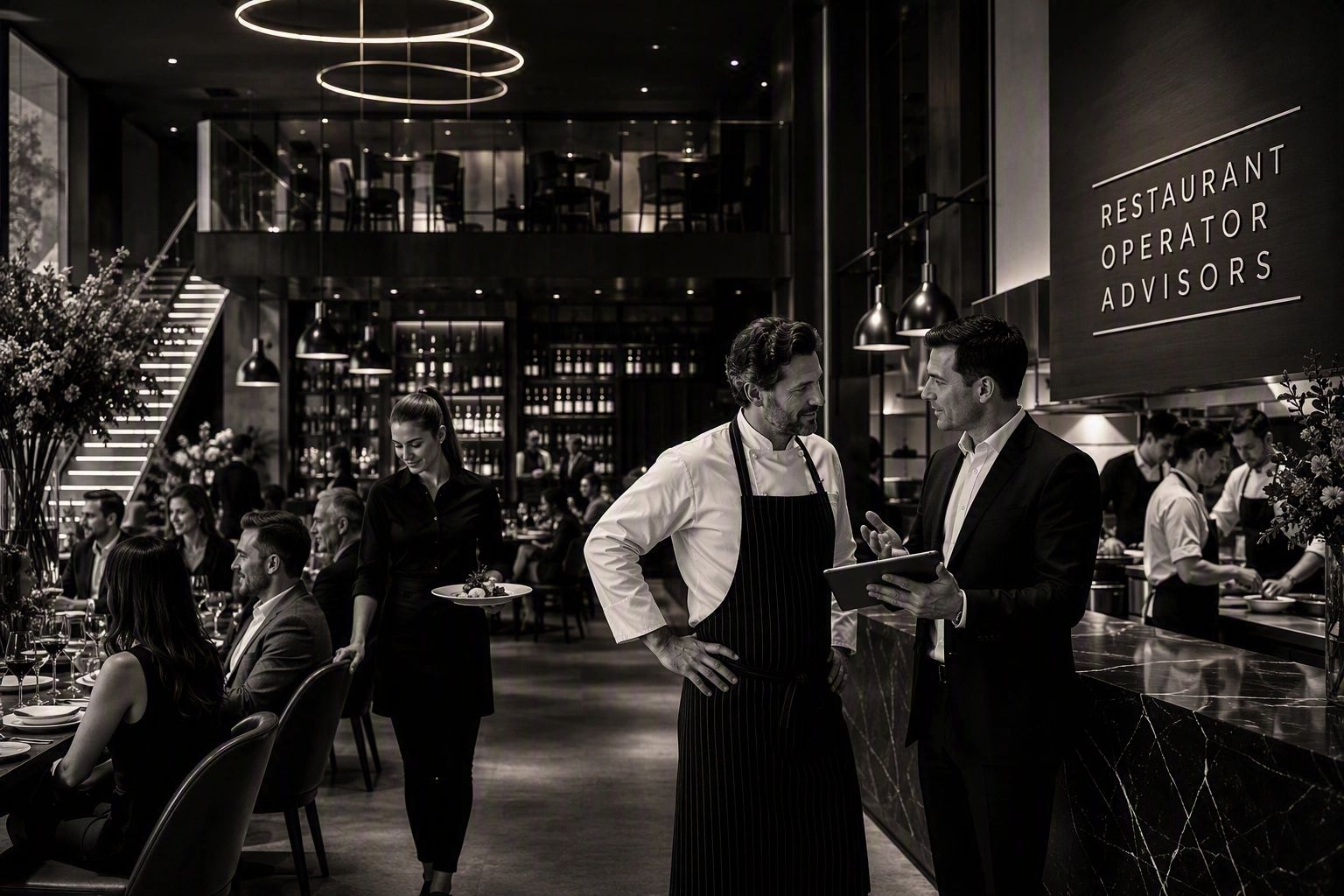 Busy restaurant with chef and advisor consulting.