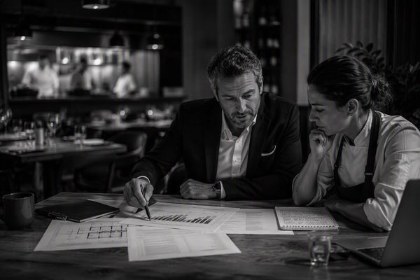 Two professionals discussing documents at a table.