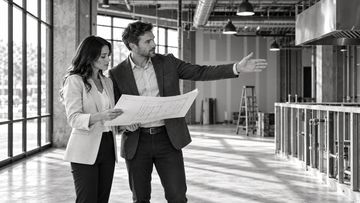 Two professionals reviewing blueprints at a construction site.