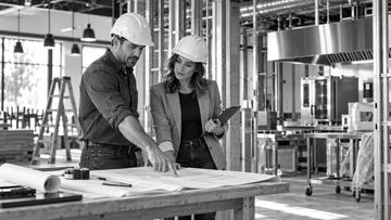 Two engineers in hard hats reviewing building plans.
