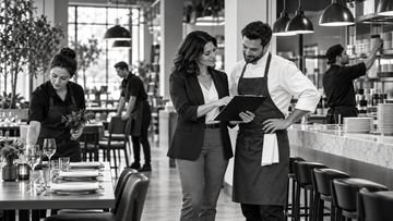 Woman and chef discussing in restaurant with staff preparing.