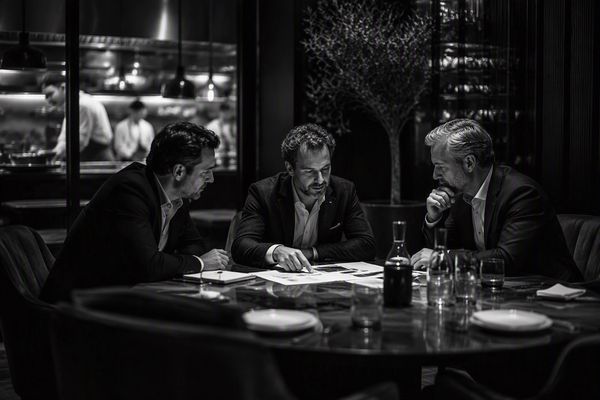 Three men in suits discussing documents at a table.