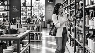 Woman shopping for cookware in a store.