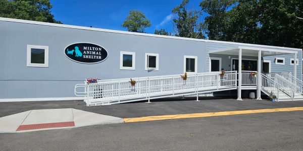 Exterior of Milton Animal Shelter under a clear blue sky.