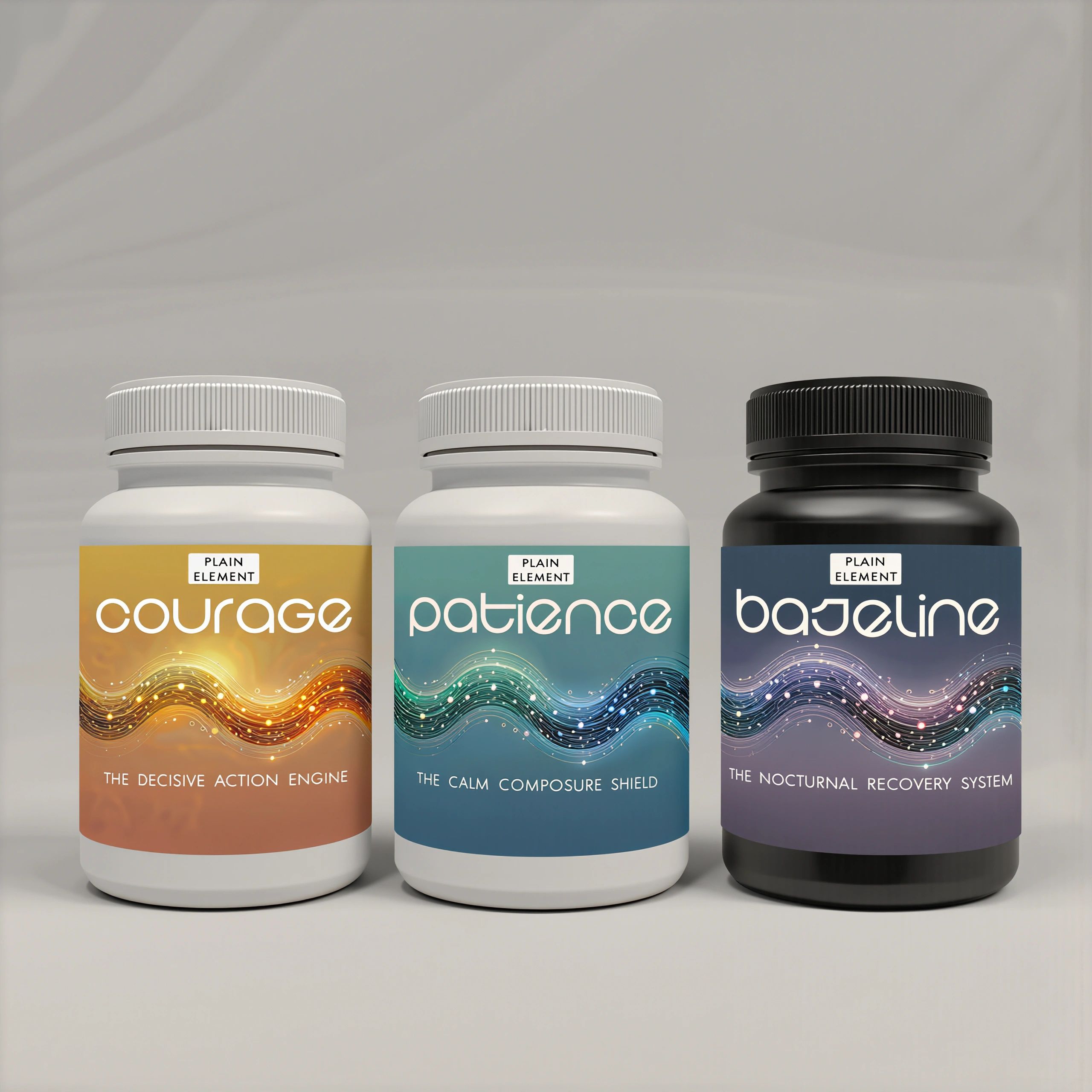 Three supplement bottles labeled courage, patience, and baseline.
