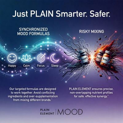 Visual contrast between synchronized mood formulas and risky mixing of supplements.