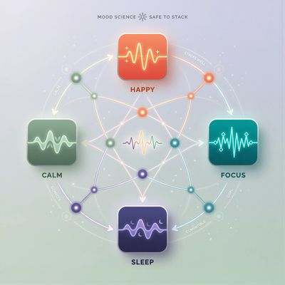 Diagram showing mood states and their interactions: Happy, Calm, Focus, and Sleep.