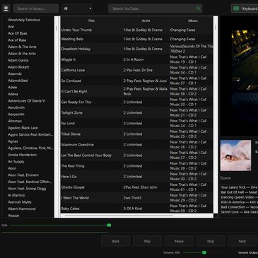Screenshot of a music player app with playlist and video of fireworks.