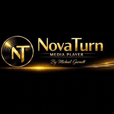 Golden logo for NovaTurn Media Player by Michael Garnett with musical notes.