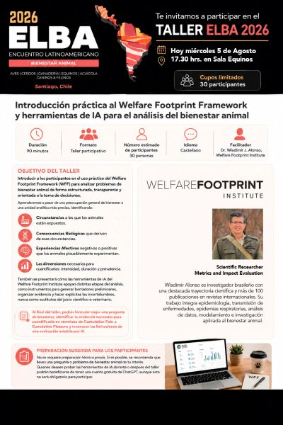 Invitación al taller ELBA 2026 sobre bienestar animal en Santiago, Chile.