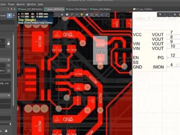 Screenshot of PCB design software with circuit and component details.