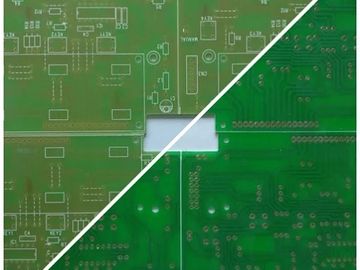 Front and back views of a green printed circuit board (PCB).