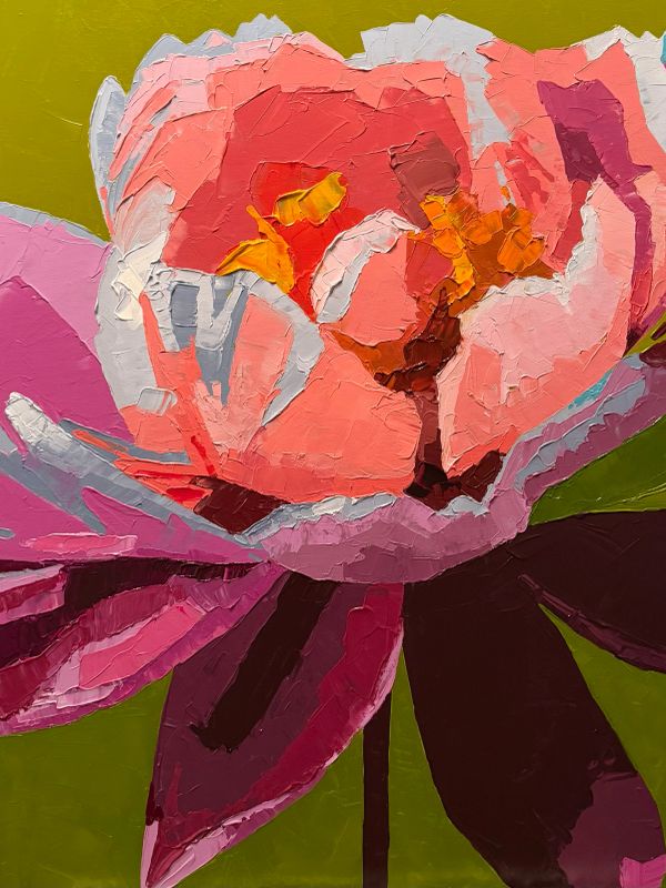 Textured close-up of a pink and red flower painting.