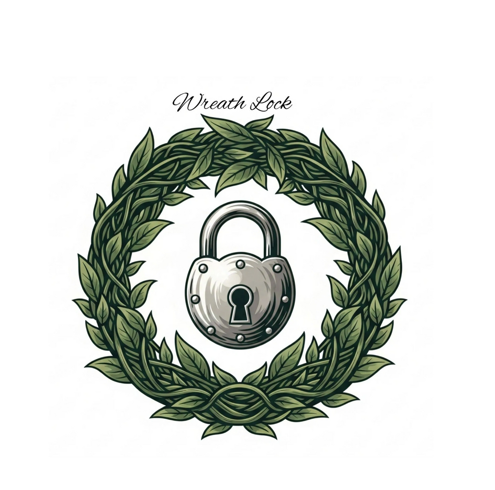 Illustration of a green leafy wreath encircling a silver padlock, titled 'Wreath Lock'.