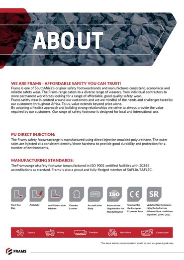 Informative poster about Frams safety footwear, highlighting quality, manufacturing standards, and features.