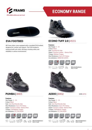 Economy range safety footwear by FRAMS featuring EVA footbed for comfort and durability.