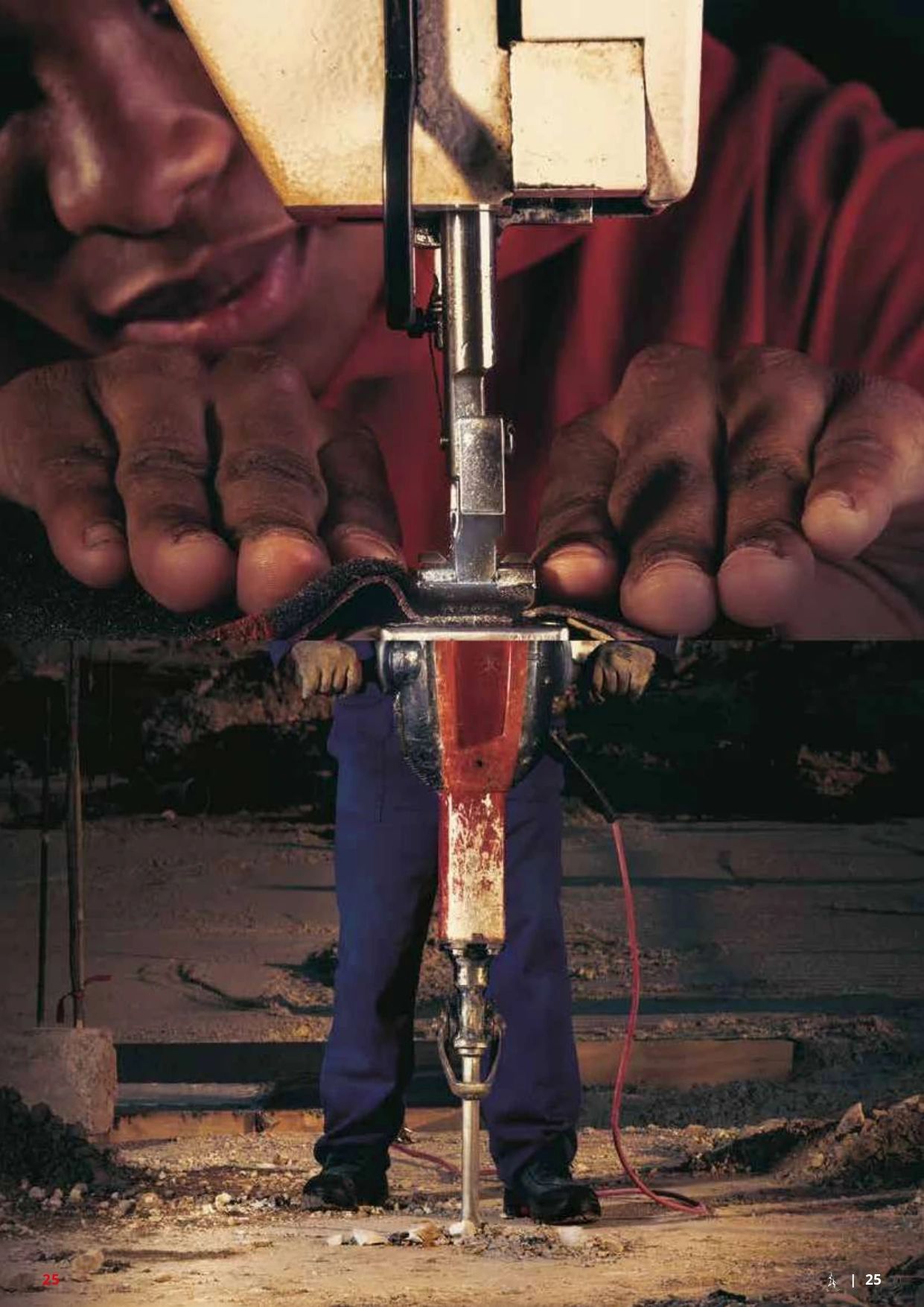 A creative photo blending a person's sewing hands with construction work.