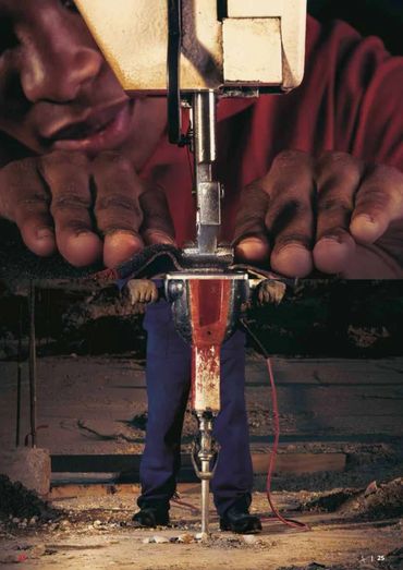 A creative photo blending a person's sewing hands with construction work.