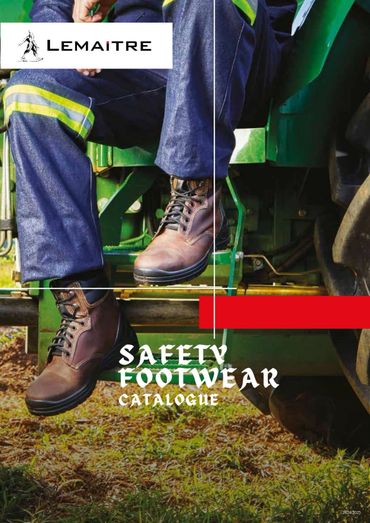 Safety footwear worn by worker on heavy machinery, Lemaitre brand.