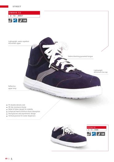 Omaha S3 safety shoe with lightweight, water-repellent microfiber and reflective strip.