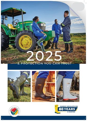 Farm workers in protective boots beside a tractor, showcasing durable footwear for 2025.