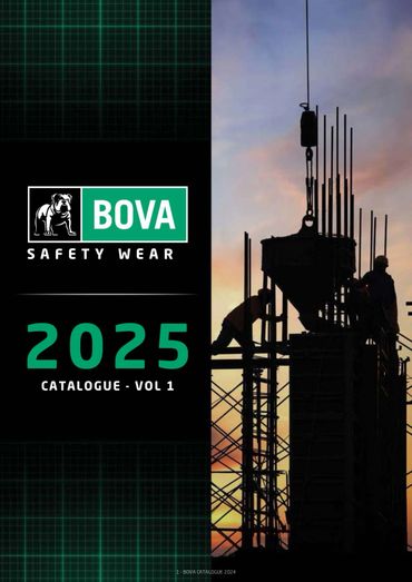 Cover of BOVA Safety Wear 2025 catalogue with construction workers silhouette.