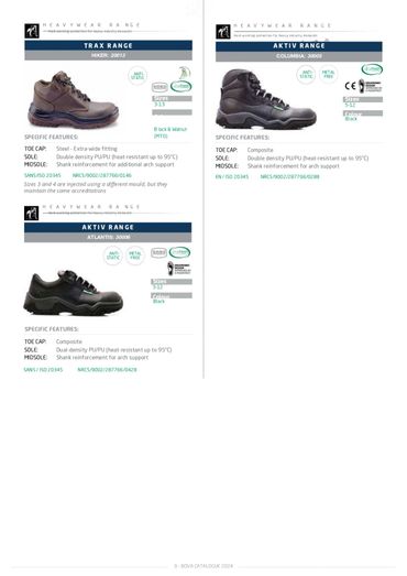 Catalog page showcasing heavy-duty safety footwear from Trax and Aktiv ranges.
