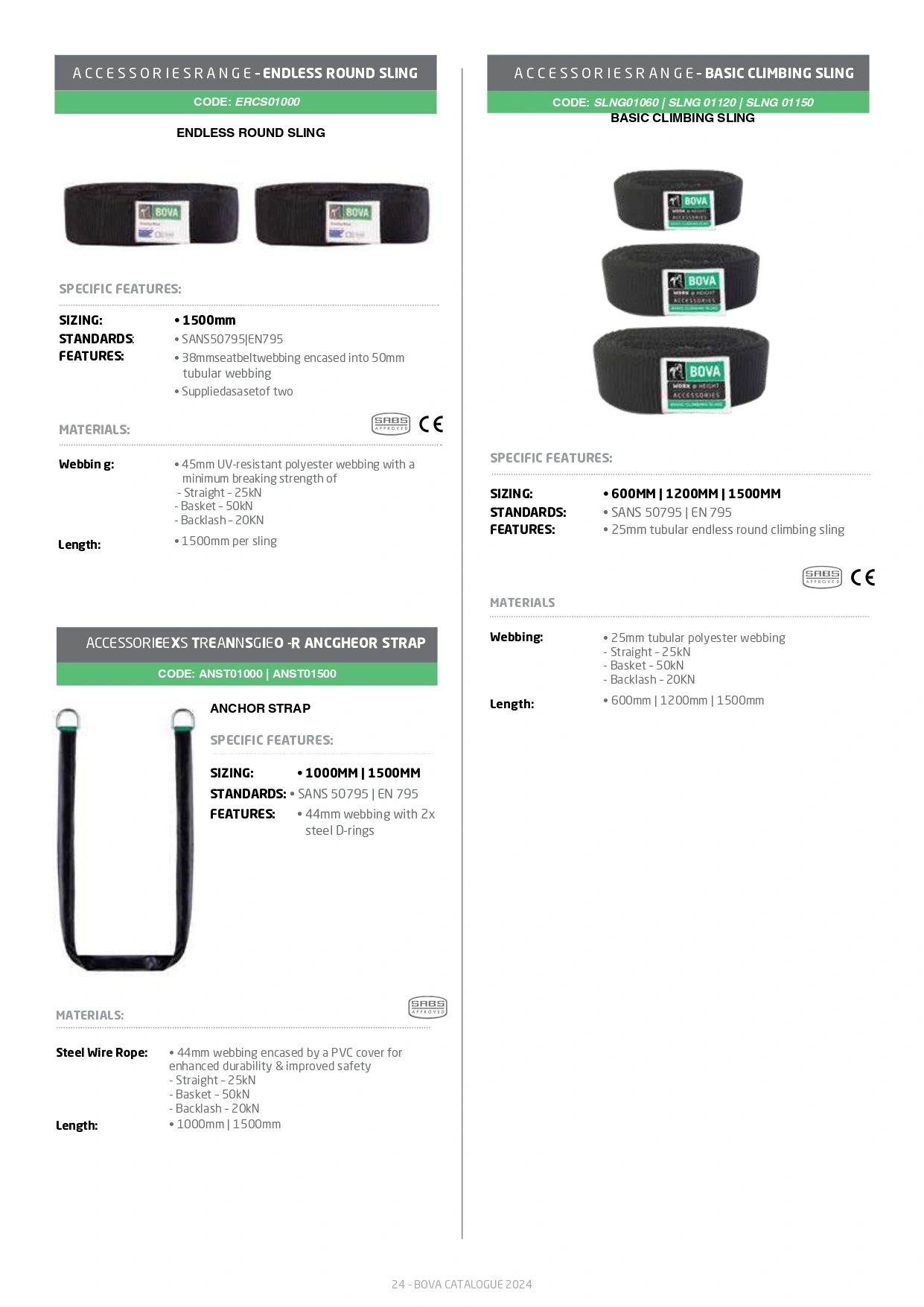 Product sheet with images and details of climbing slings and anchor straps.