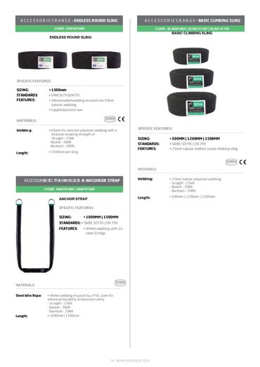 Product sheet with images and details of climbing slings and anchor straps.