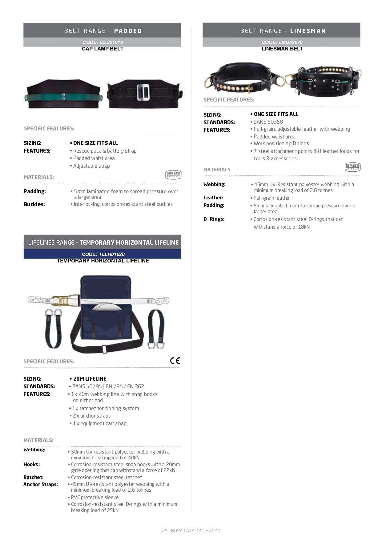 Comparison of padded, linesman, and temporary horizontal lifeline belts with features and sizing.