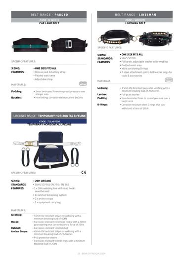 Comparison of padded, linesman, and temporary horizontal lifeline belts with features and sizing.