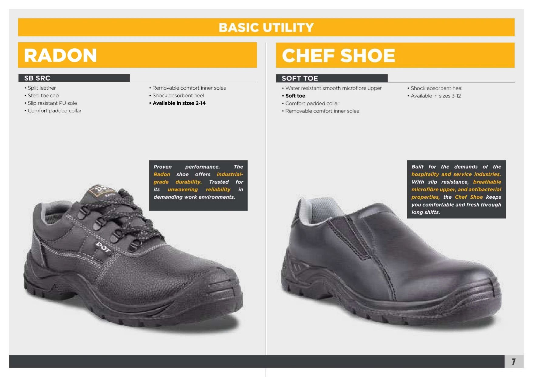 Two types of black utility shoes: Radon and Chef Shoe.