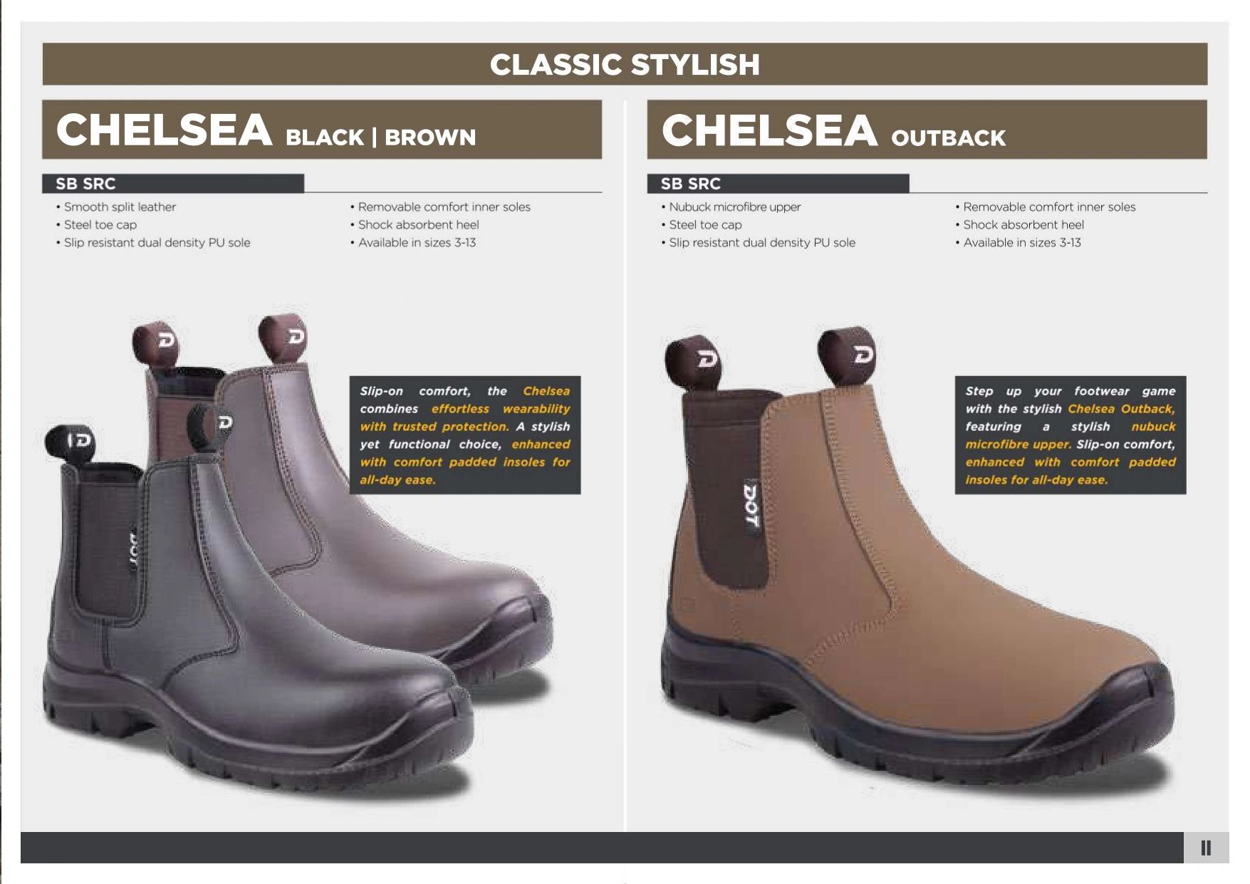 Two styles of Chelsea boots: Classic Stylish and Outback in black, brown, and tan.