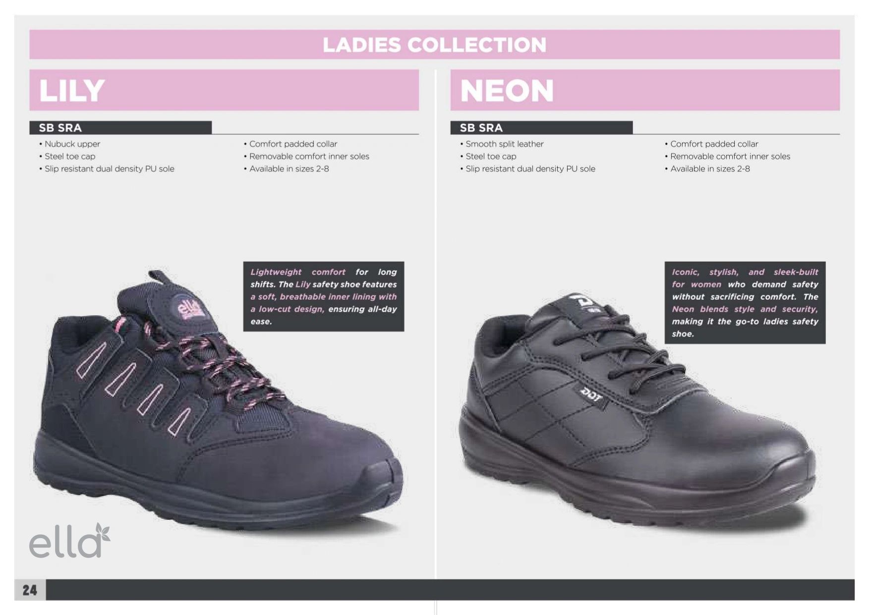 Two styles of women's black safety shoes from Ella's Ladies Collection.