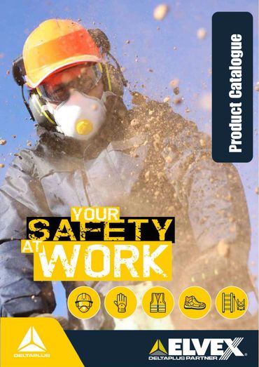 Worker in protective gear on a safety product catalogue cover.
