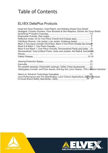 Table of Contents for ELVEX DeltaPlus Products and Safety Gear.