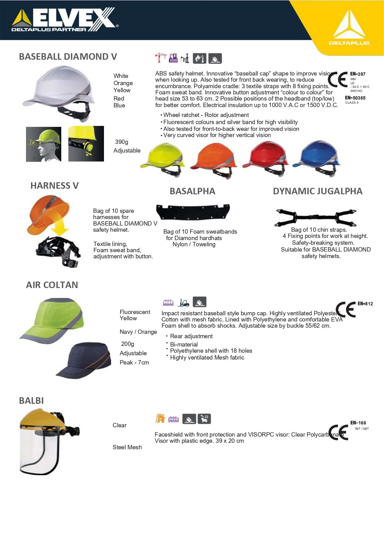 Safety helmets and accessories for baseball and industrial use in various colors and designs.