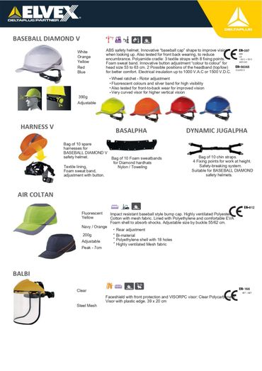 Safety helmets and accessories for baseball and industrial use in various colors and designs.