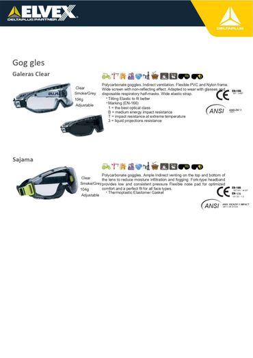 Two types of safety goggles: Galeras Clear and Sajama, both adjustable and impact-resistant.