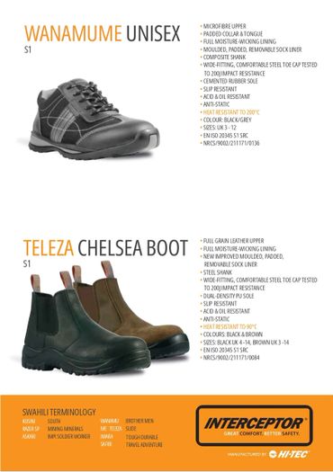 Two styles of unisex safety footwear with detailed specifications.