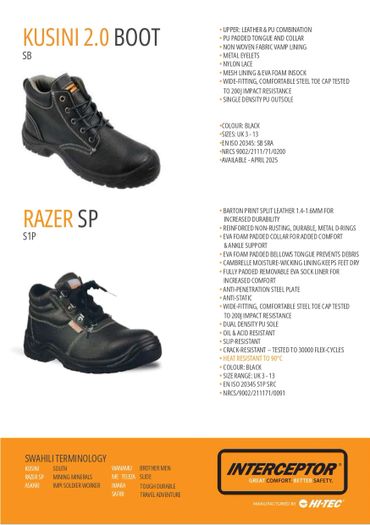 Two models of safety boots, Kusini 2.0 and Razer SP, with detailed features and specifications.