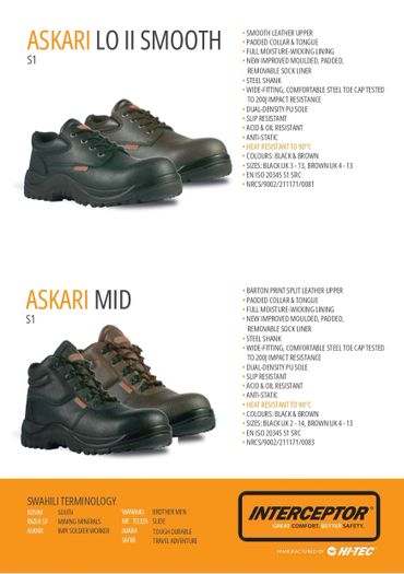 Two types of Askari safety shoes: LO II Smooth and Mid S1, both with steel toe caps and slip resistance.
