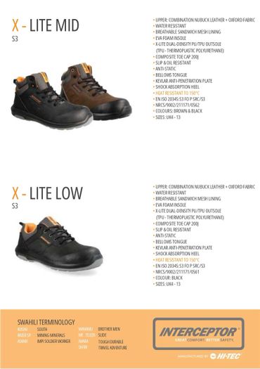 Two styles of Hi-Tec Interceptor safety shoes with detailed features and specifications.