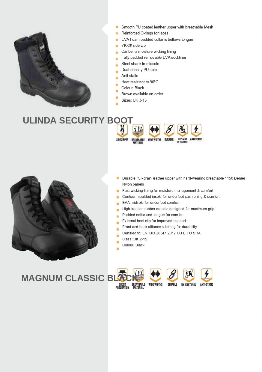 Two types of black security boots with detailed features and specifications.