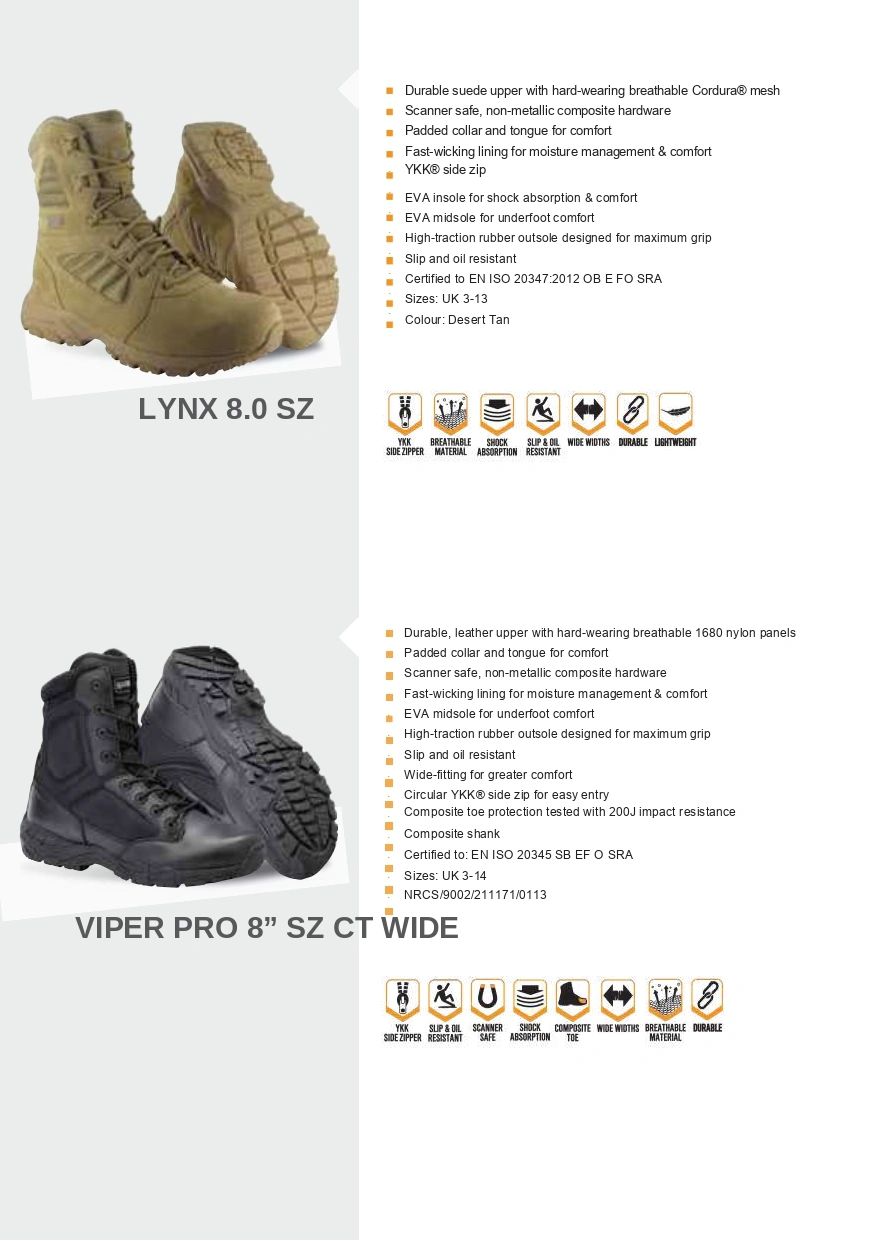 Two pairs of durable tactical boots, Lynx 8.0 SZ in desert tan and Viper Pro 8" SZ CT Wide in black.