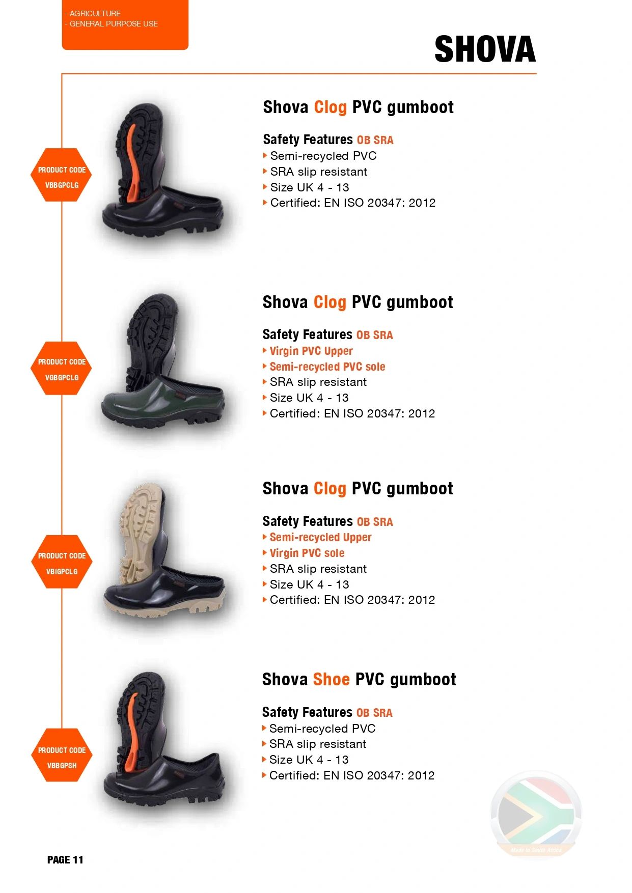 Catalog page showing Shova PVC gumboots with safety features and certifications.