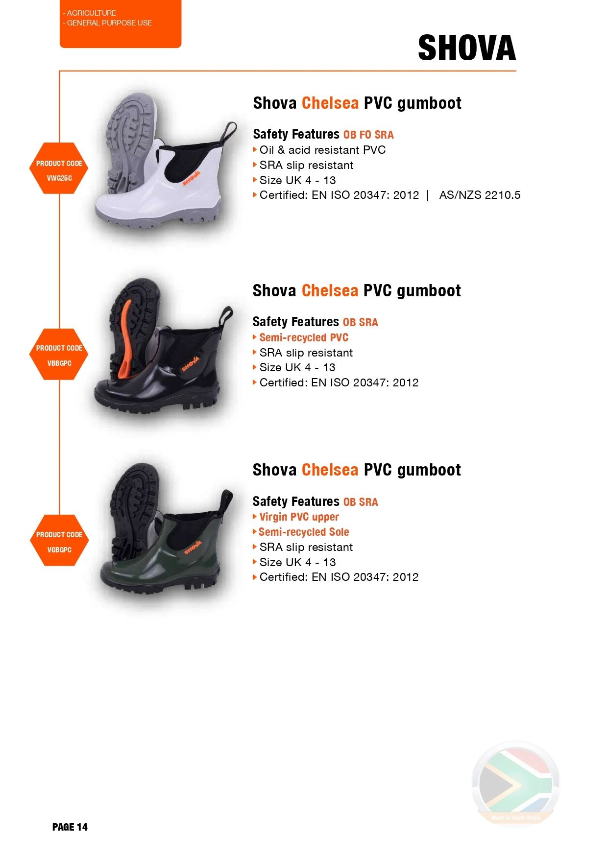 Three types of Shova Chelsea PVC gumboots with safety features for agriculture use.