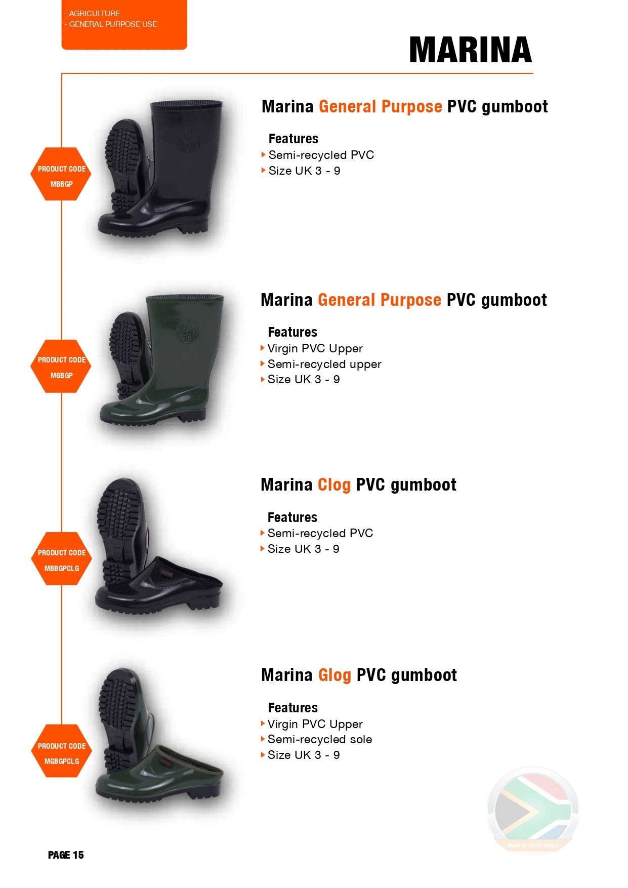 Catalog page displaying four types of Marina PVC gumboots with features and sizes.