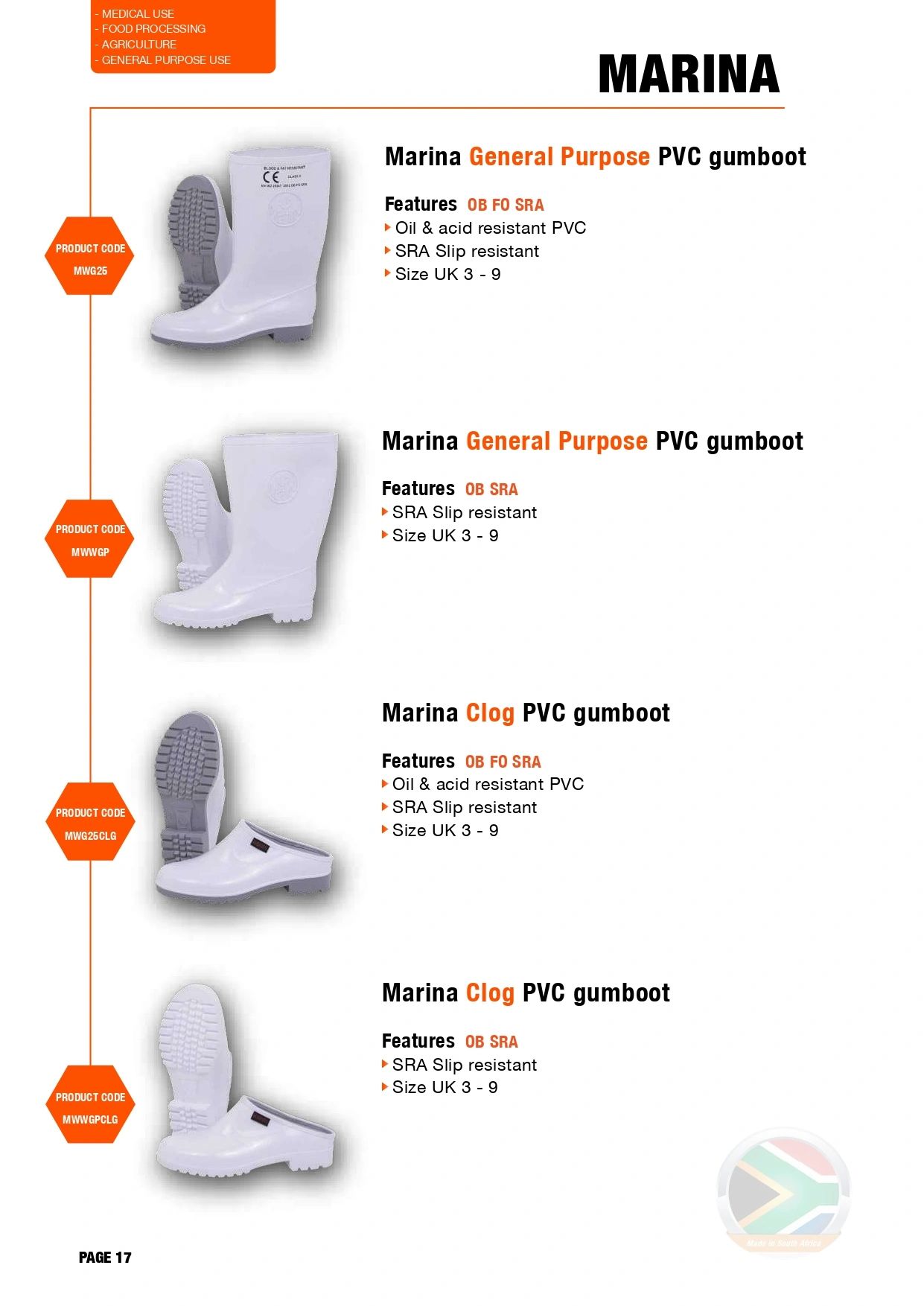 Four types of Marina PVC gumboots with oil resistance and slip protection.