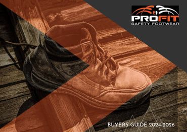 Safety footwear boots on wooden floor with Profit logo and buyer's guide text.